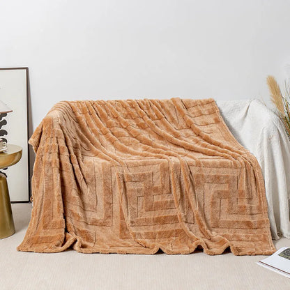 Thick square coral fleece blanket in a modern style, shown in one of five colours including lake blue or khaki.