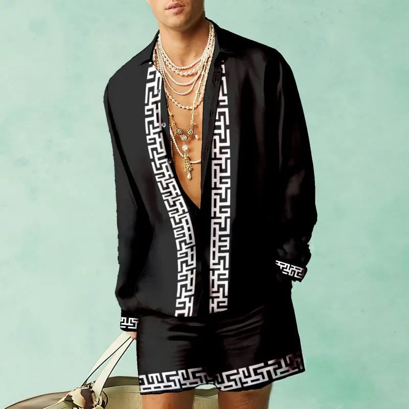 Men's slim fit summer shirt and shorts set in polyester with long sleeves, available in multiple colours