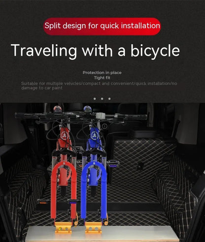 Silver metal quick-release clamp for attaching a bicycle front fork to a vehicle rack.