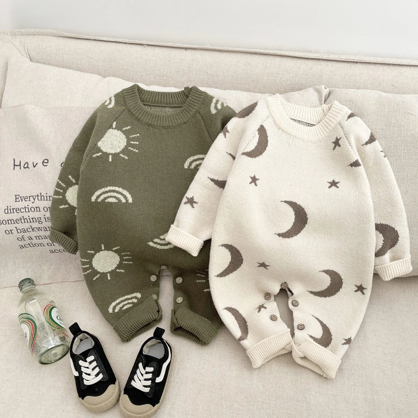 Korean style spring jumpsuit for children in beige or green with long sleeves and five height options from 66cm to 100cm