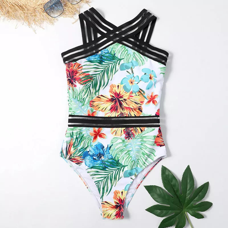 Women's one-piece printed bikini in black, white, and red flower patterns, waterproof and lightweight.