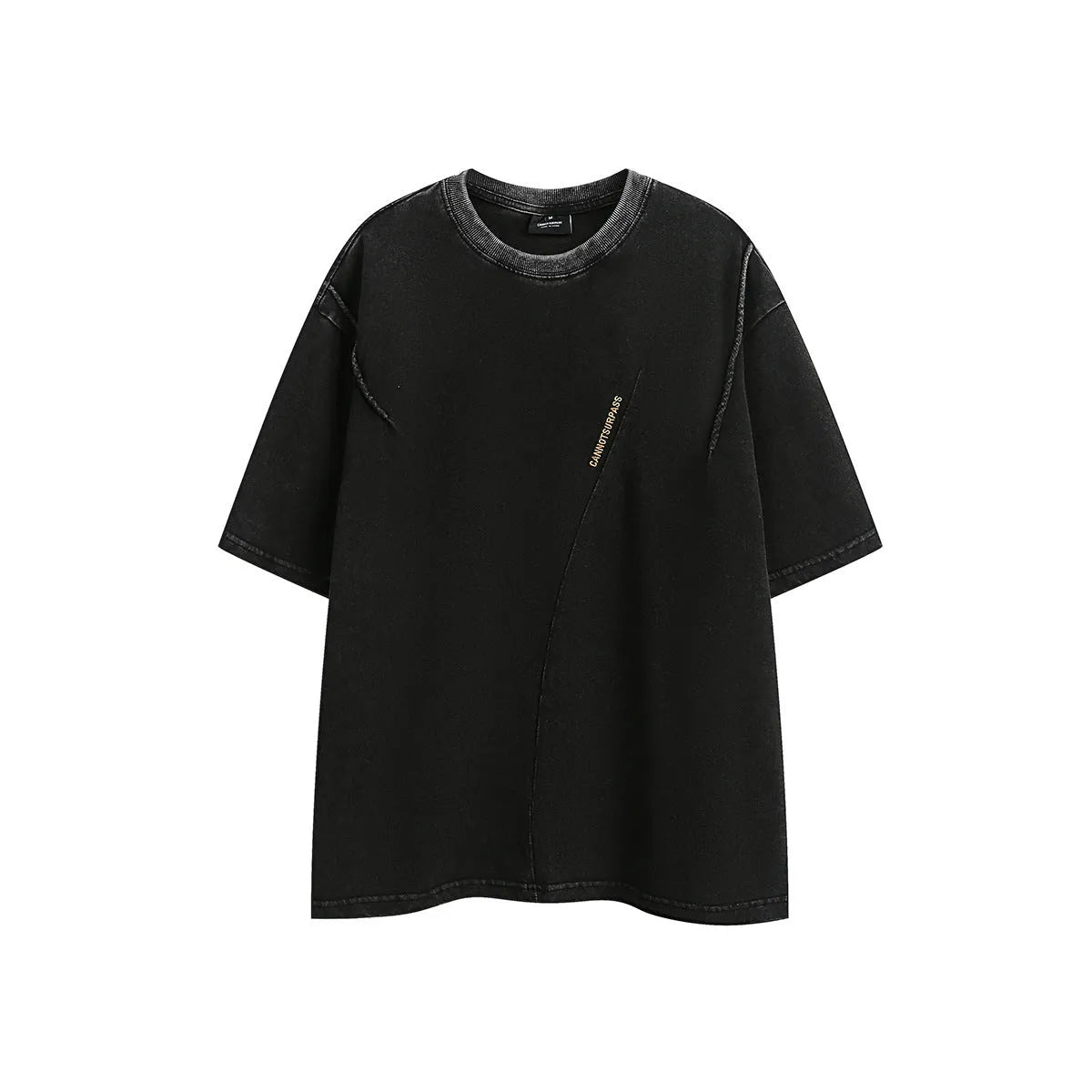 Purple washed cotton T-shirt with embroidery, loose fit, shown on a hanger.