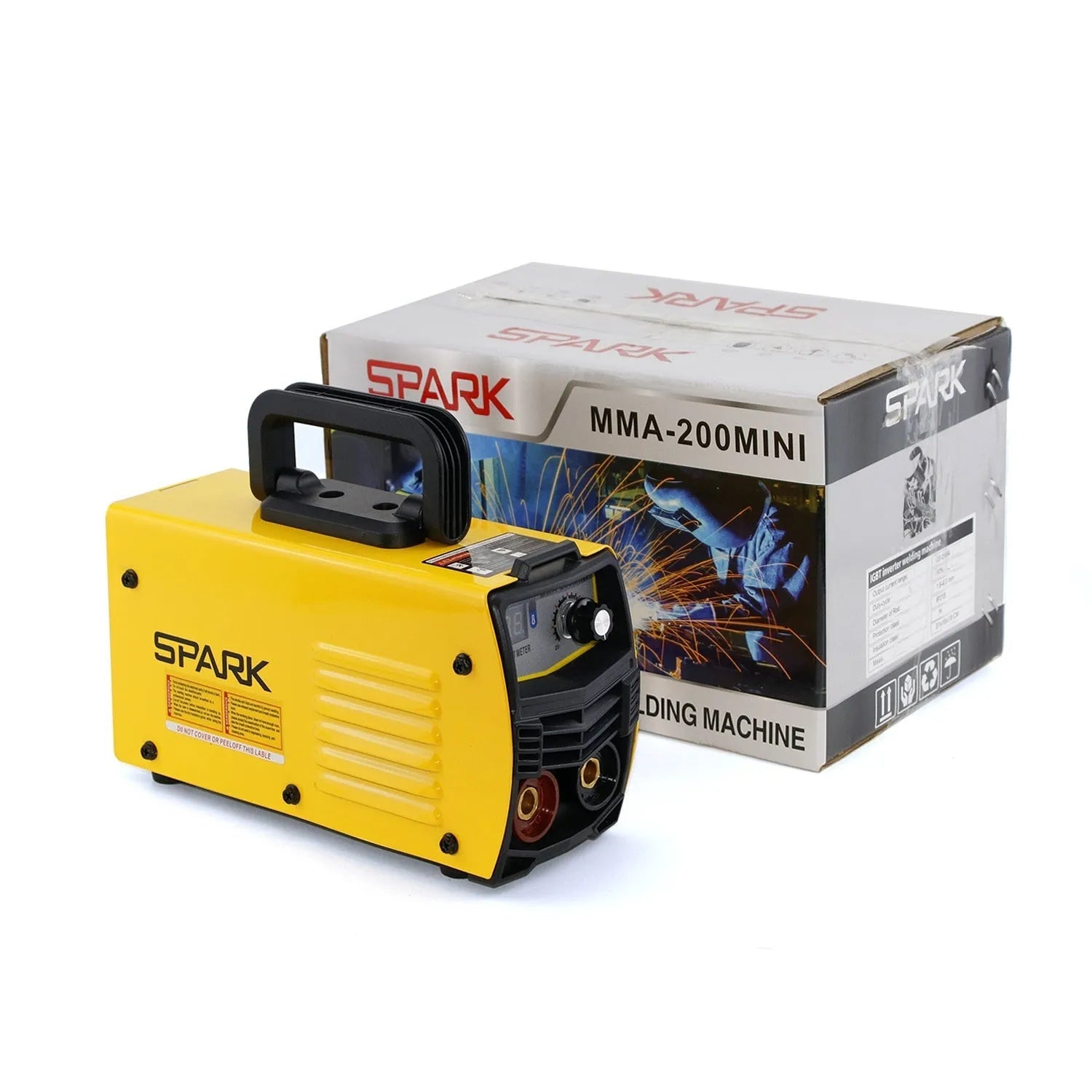 Small portable DC welding machine with red housing, welding tongs, and face shield on a workshop bench