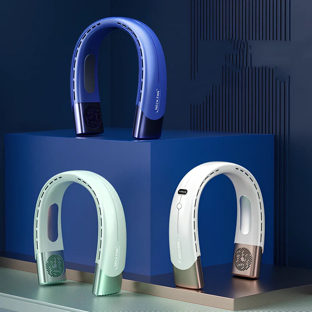 Blue hanging neck fan with digital display, 200x197x60mm USB model in ABS, 5 wind speeds for portable cooling