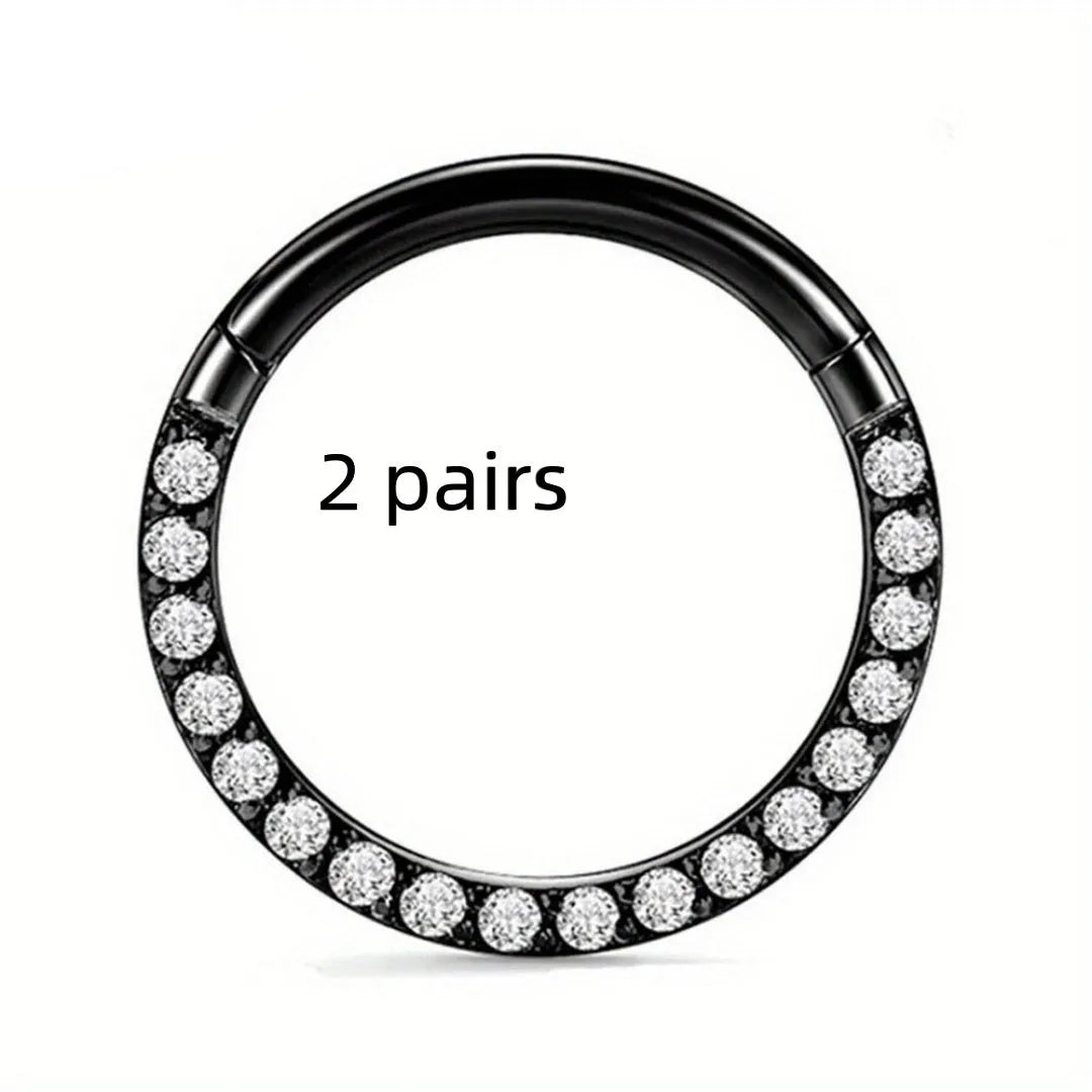 Stainless steel nose ring with diamond accent in seamless round design, showing size options and colour variations