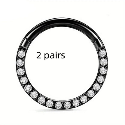 Stainless steel nose ring with diamond accent in seamless round design, showing size options and colour variations