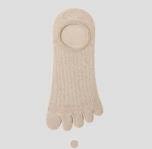 Pair of white five-finger ultra-thin modal boat socks laid flat, showing toe separation and non-slip heel detail.