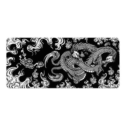 Flower Dragon design cloth mouse pad with non-slip base on a desk, showing size options.