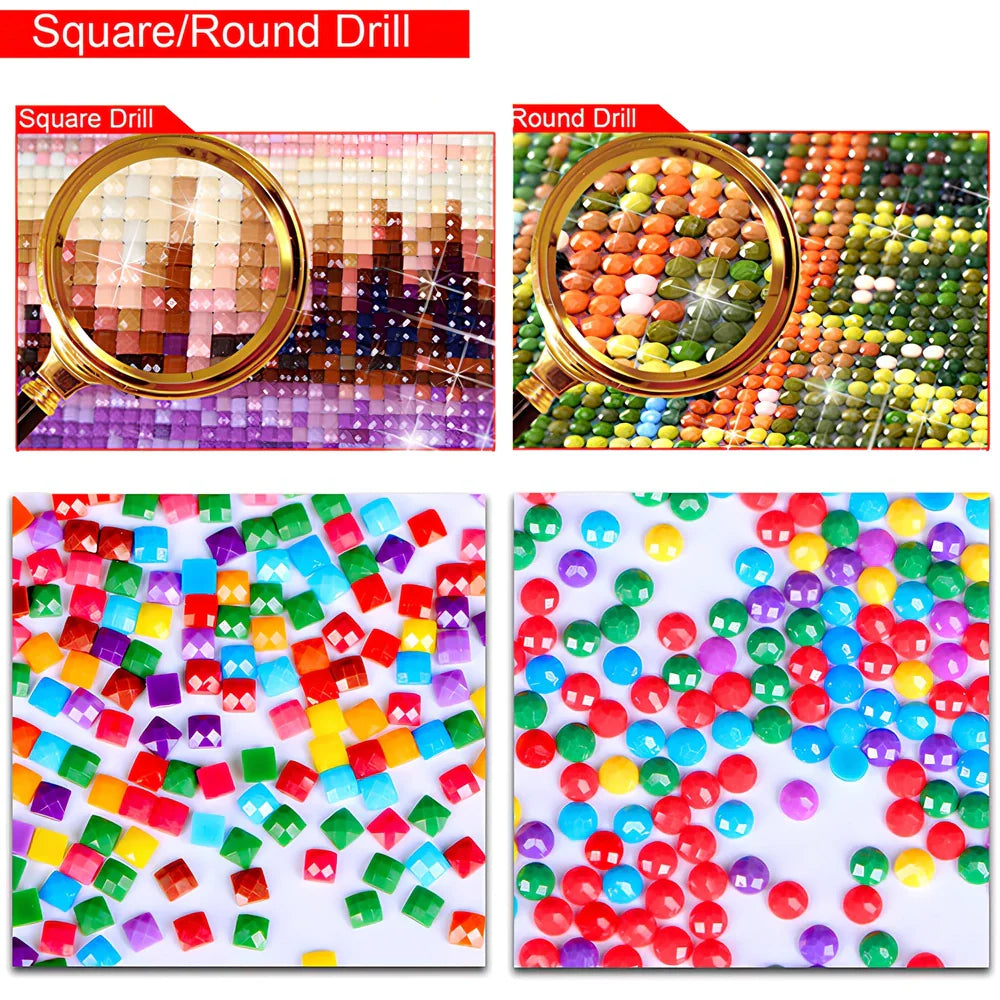 Diamond painting DIY kit showing five consecutive 70x35cm oil-on-canvas artworks with diamond application in progress