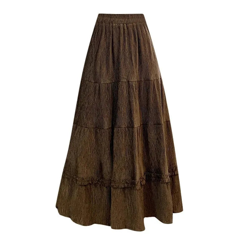 A-line midi corduroy skirt with elastic waistband in solid colours for urban commuting