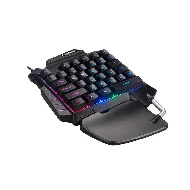 Black left-handed one-handed desktop gaming keyboard with USB cable and integrated hand rest