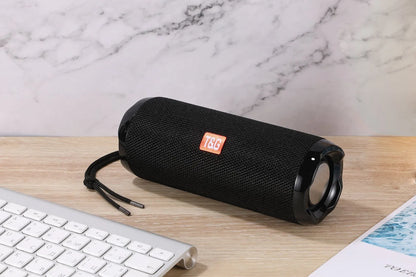 Fabric portable Bluetooth speaker with card holder in blue colour showing compact 182×73.5×69.2mm dimensions
