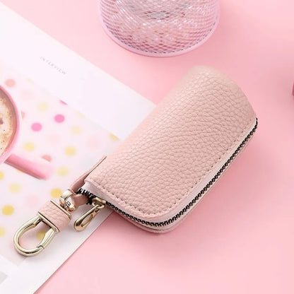 Men's black grey pink PU leather zipper key case organiser with waterproof construction
