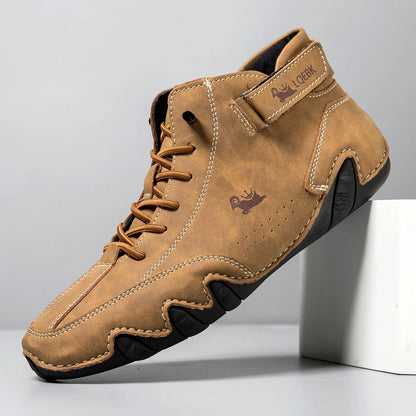 Men's brown microfiber Martin boots with flat heel, round toe, and rubber sole.