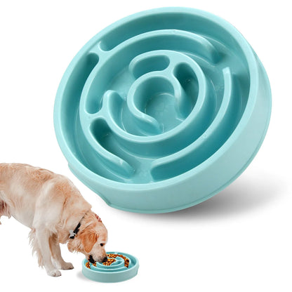 Blue silicone slow feeder dog bowl with labyrinth puzzle design for large breeds