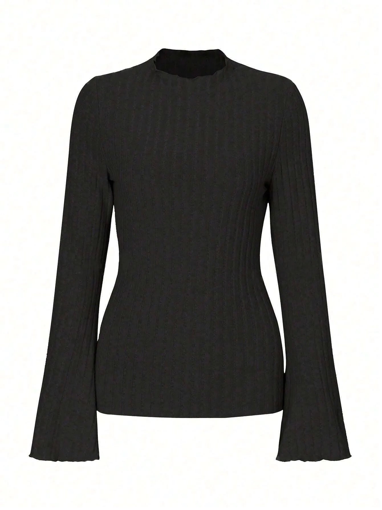 Long sleeve round neck top in black with lantern sleeves and slim fit, on a hanger