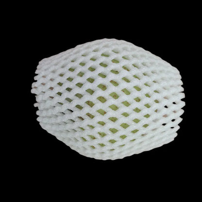A white foam protective net sleeve stretched open, showing its simple tubular construction.