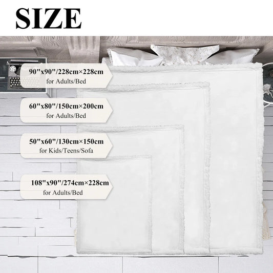 Dog-themed Sherpa fleece blanket showing hemmed edges and two size options