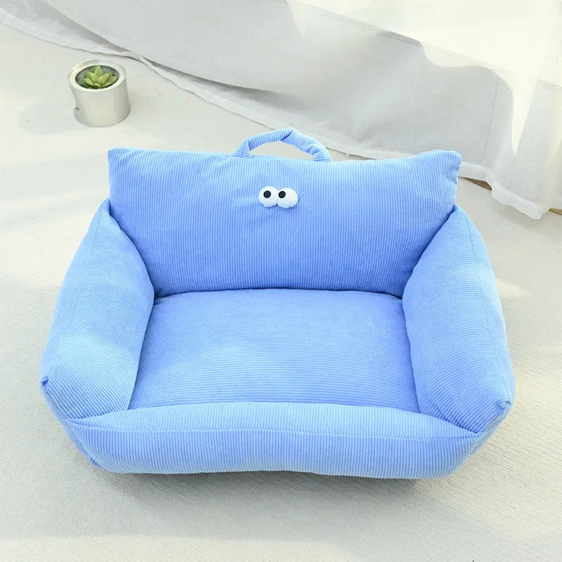 Cartoon big eye pet bed sofa kennel in blue colour with raised sides and PP cotton filling