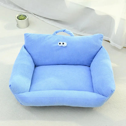 Cartoon big eye pet bed sofa kennel in blue colour with raised sides and PP cotton filling