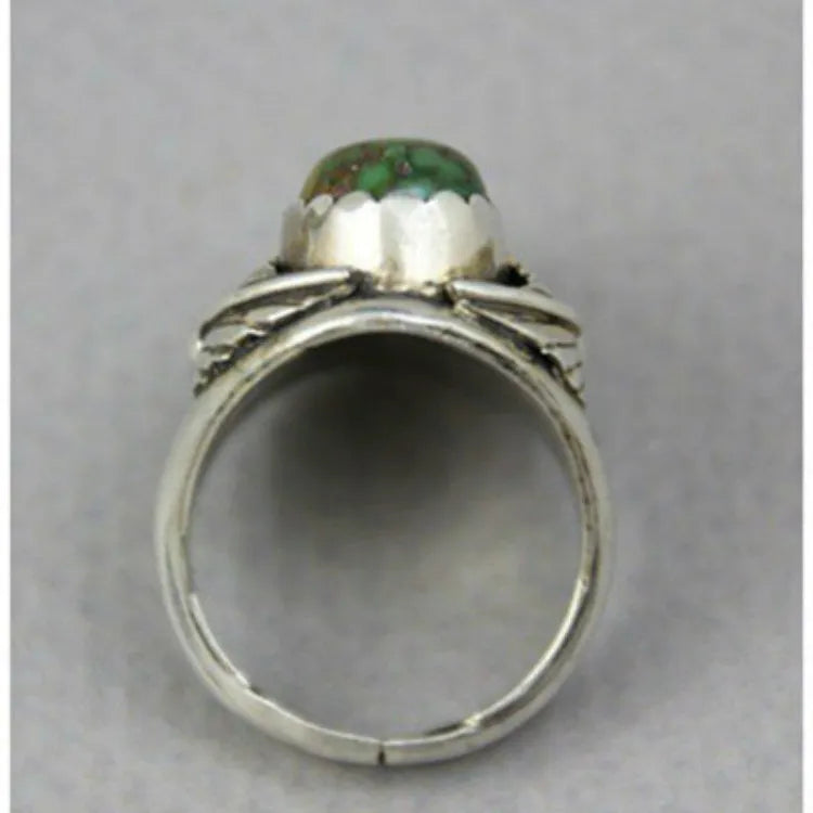 Geometric turquoise alloy ring with electroplated finish showing inlaid patterns, available in UK sizes 6-10
