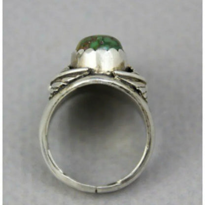 Geometric turquoise alloy ring with electroplated finish showing inlaid patterns, available in UK sizes 6-10