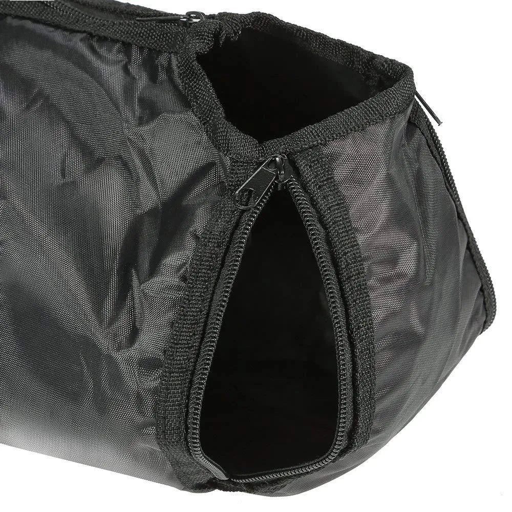 Black cat grooming restraint bag made from 420D PU Oxford fabric, shown open and folded.