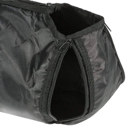 Black cat grooming restraint bag made from 420D PU Oxford fabric, shown open and folded.