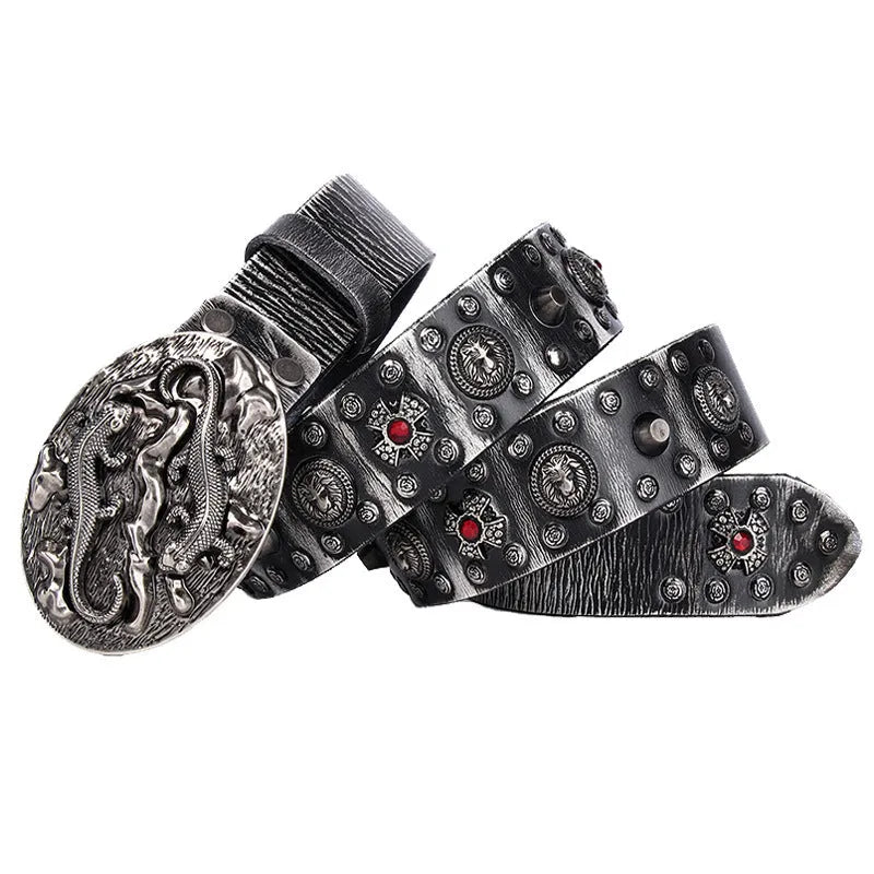 Men's black genuine leather belt with punk rivet details and a silver alloy buckle.