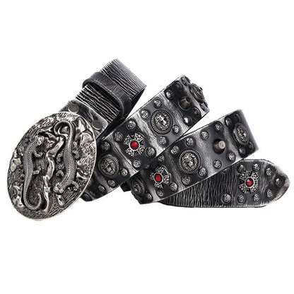 Men's black genuine leather belt with punk rivet details and a silver alloy buckle.