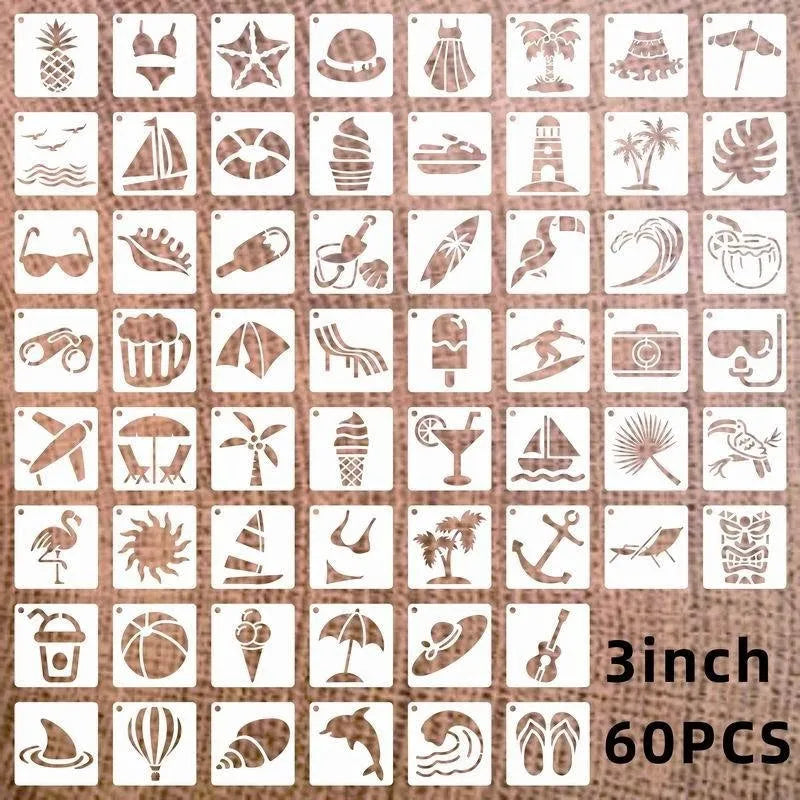Milky white PET film spray painting stencil sheets with hollow-cut animal, floral, letter, and mandala designs.