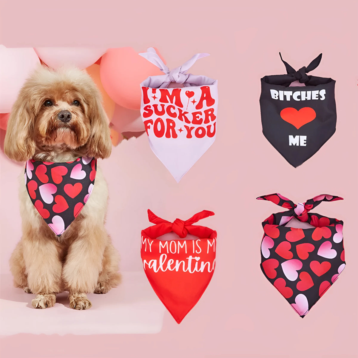 Pet dog letters pattern scarf and saliva towel in black pink red or multicolour, sizes S M L, polyester fabric