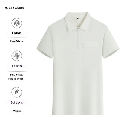 Short sleeve grey nylon work shirt with lapel zipper pockets and tooling culture design