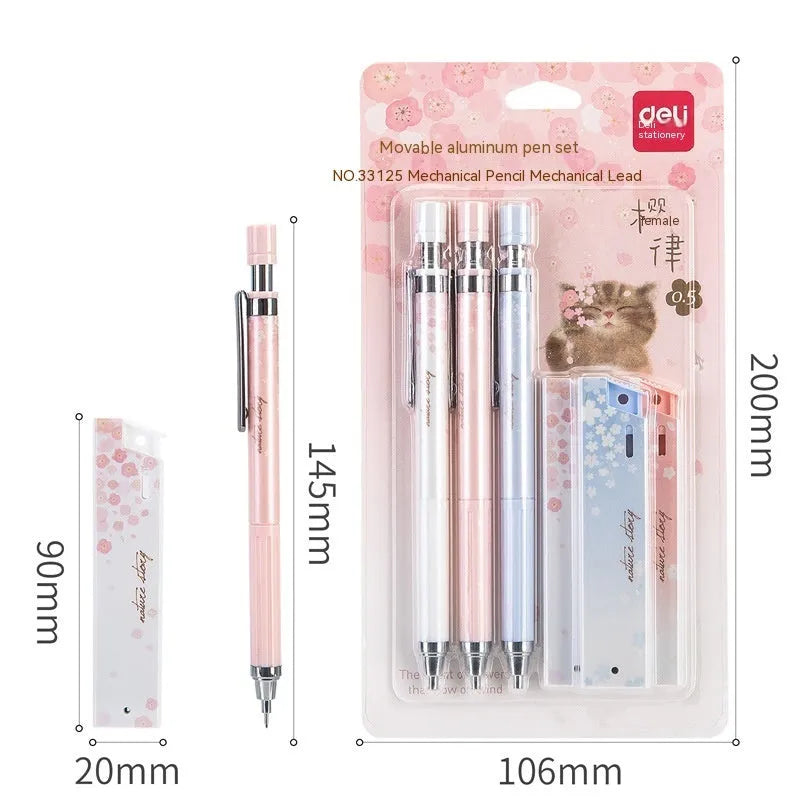 Simplified 0.5mm cartoon automatic pencil set with three pencils and refill boxes in mixed colours