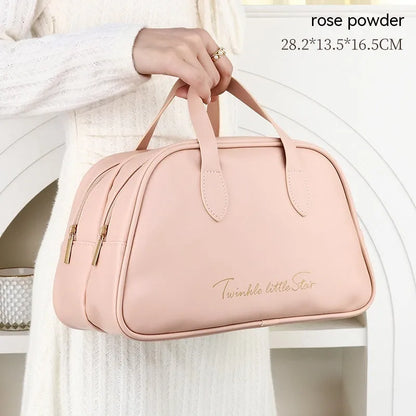 Leather travel toiletry bag with dry-wet separation compartments in caramel mocha colour with letter detailing