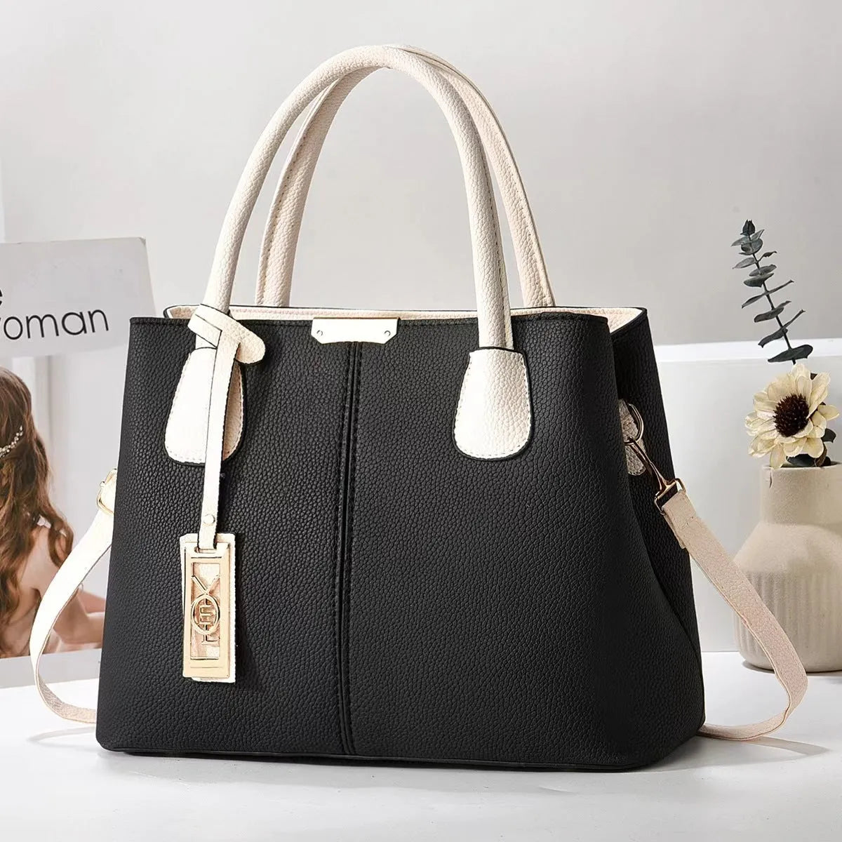 Soft PU leather large capacity shoulder bag in a horizontal square shape with an adjustable strap
