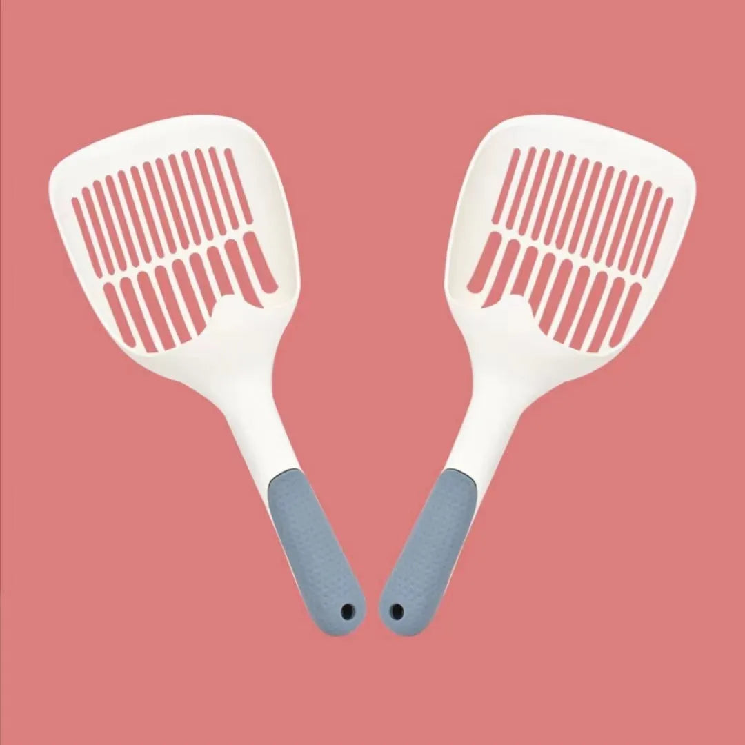 White cat litter shovel with blue detailing, showing large scoop head for pet waste removal