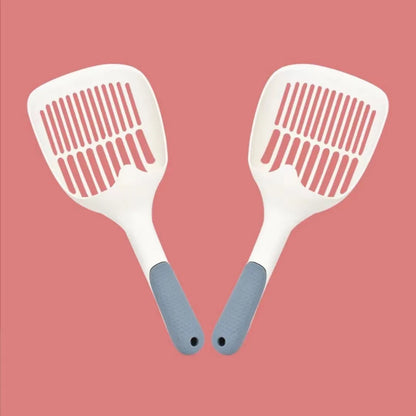 White cat litter shovel with blue detailing, showing large scoop head for pet waste removal