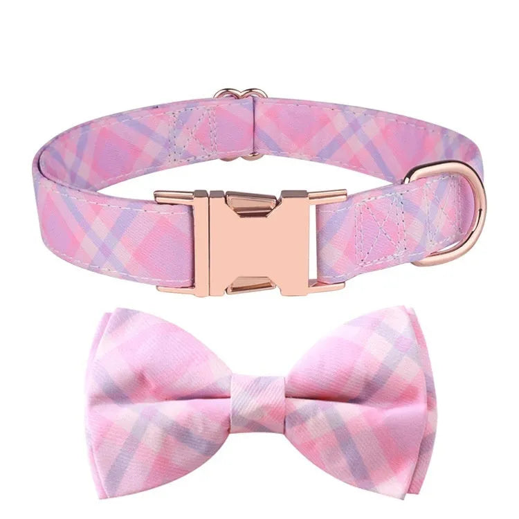 Rose gold buckle pet collar with decorative fabric bow in multiple colour options