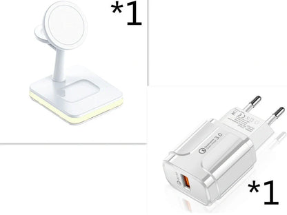 Black three-in-one wireless charger magnetic bracket on a desk charging multiple devices