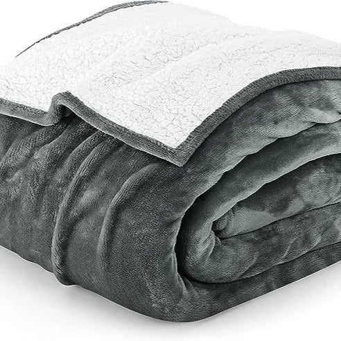 Light grey cotton electric heated blanket with adjustable temperature and hot compress function, available in three sizes.