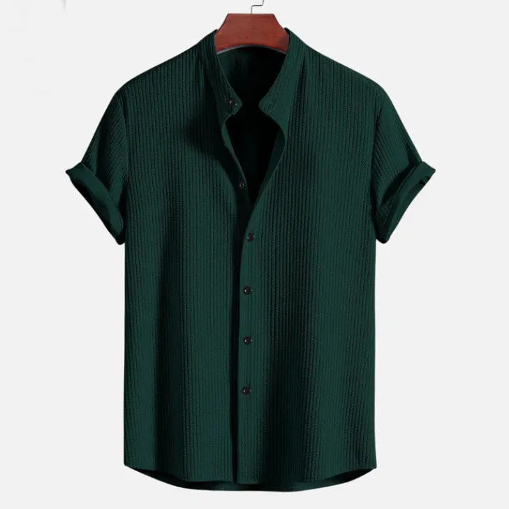 Men's loose short sleeve shirt in polyester, available in colours like wine red and navy blue, sizes S to 4XL