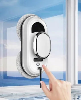 White high altitude cleaning machine with remote control and cleaning accessories on white background