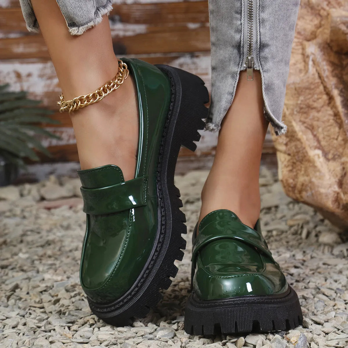 Plus size slip-on loafers with chunky platform heel in black, wine red, or green, showing rubber sole and middle top design.