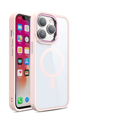 Magnetic transparent silicone phone case showing iPhone compatibility and 10 colour options including green, red, blue, and purple