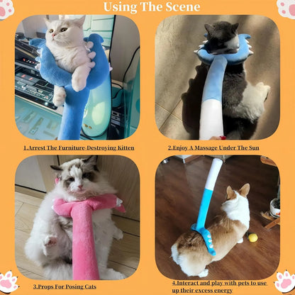 Blue and pink plush cat wand toy with a 70cm length and soft foam-filled head.
