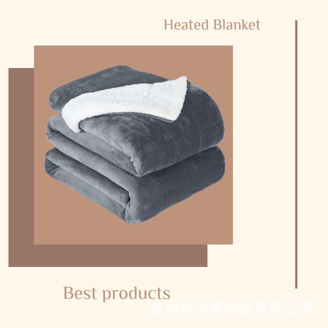 Grey USB electric heating blanket showing 70x100cm dimensions and flannel fabric texture with intelligent temperature controls