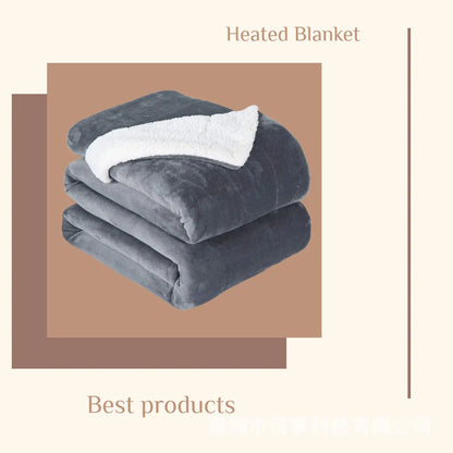 Grey USB electric heating blanket showing 70x100cm dimensions and flannel fabric texture with intelligent temperature controls