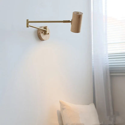 Vintage style wall lamp with rotating long arm and wood finish