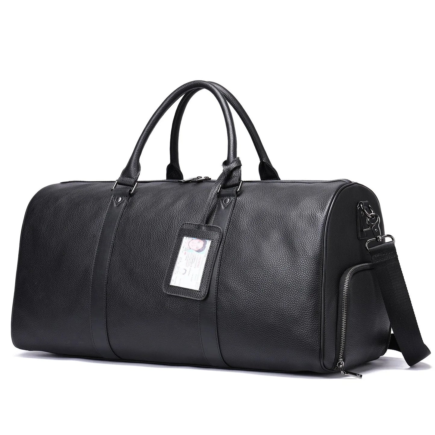 Men's leather excursion bag in black or coffee, 44cm or 55cm length, with single strap and plain design